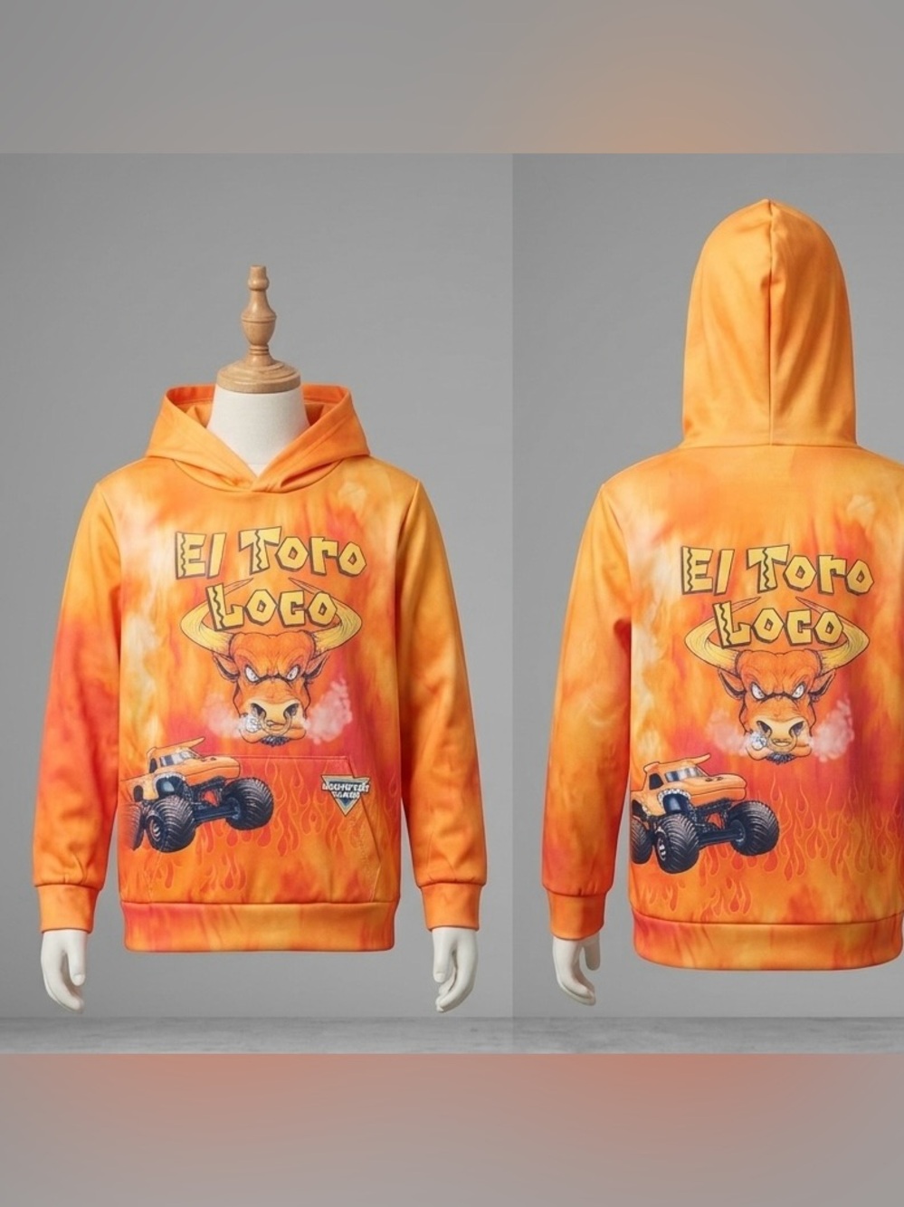 El Toro Loco Monster Truck Kids Pullover - Orange Flame Size 10 (Big Kids)